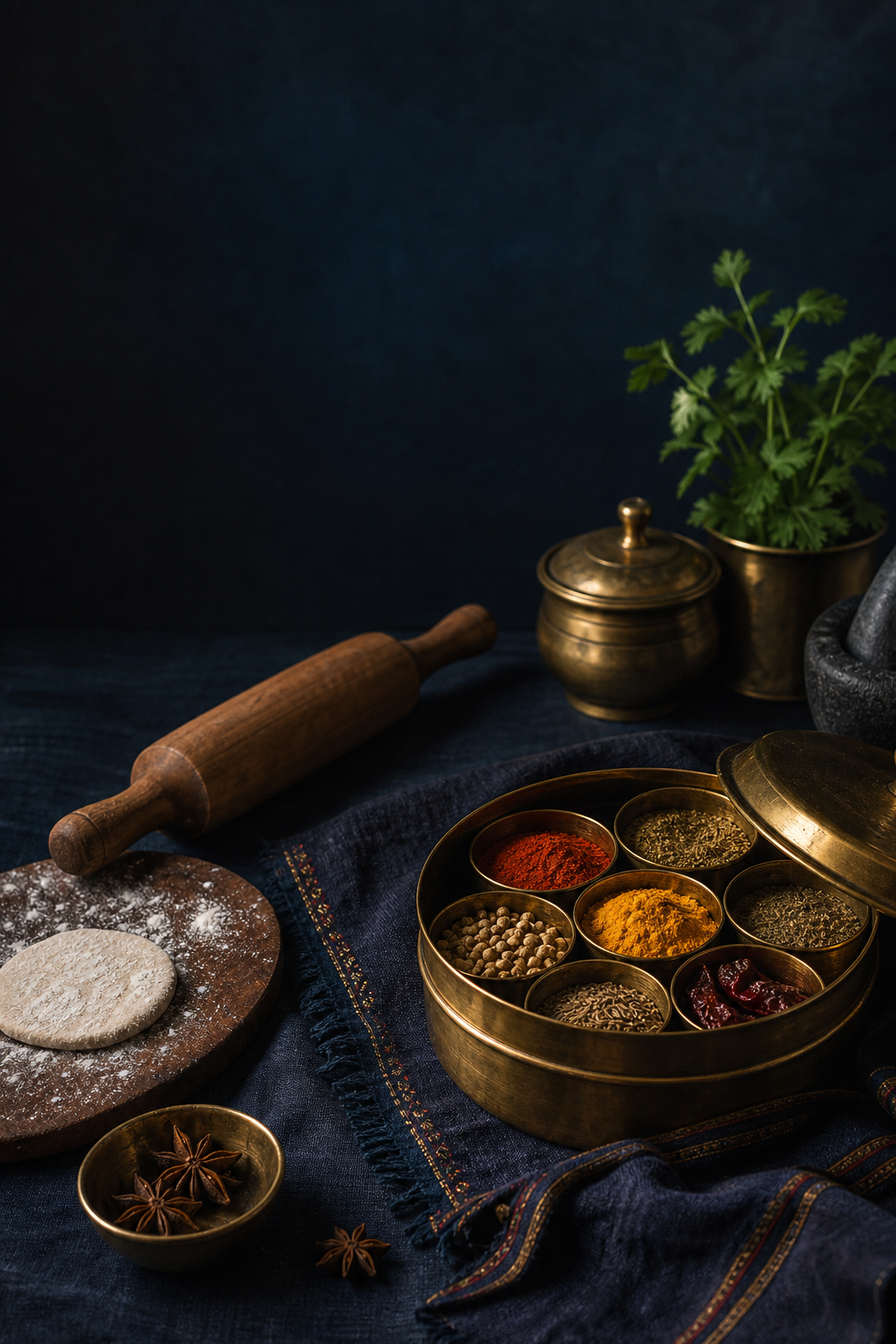 Brass spice box, rolling pin, dough, and spices arranged on a deep indigo textile
